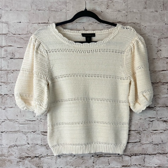 House of Harlow 1960 Small Knit Sweater Top Short Puff Sleeve Cream Cottage Sm S - Picture 1 of 6